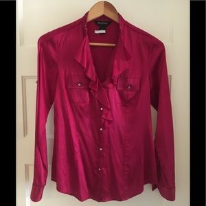 WHBM ruby silk ruffle blouse top